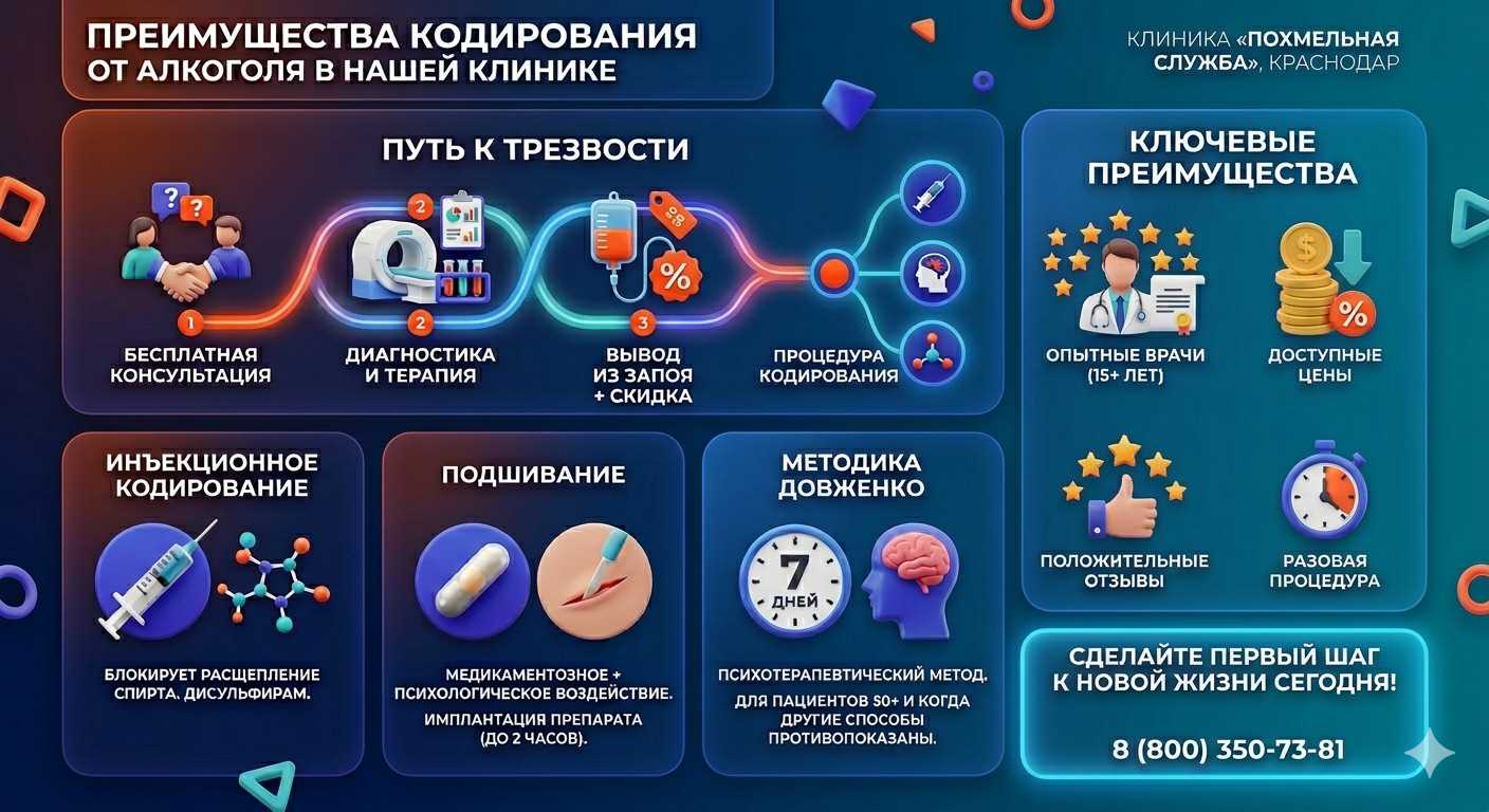 Инфографика о методах кодирования от алкоголя в Чернушк: инъекции, подшивание, метод Довженко. Преимущества клиники и этапы лечения.
