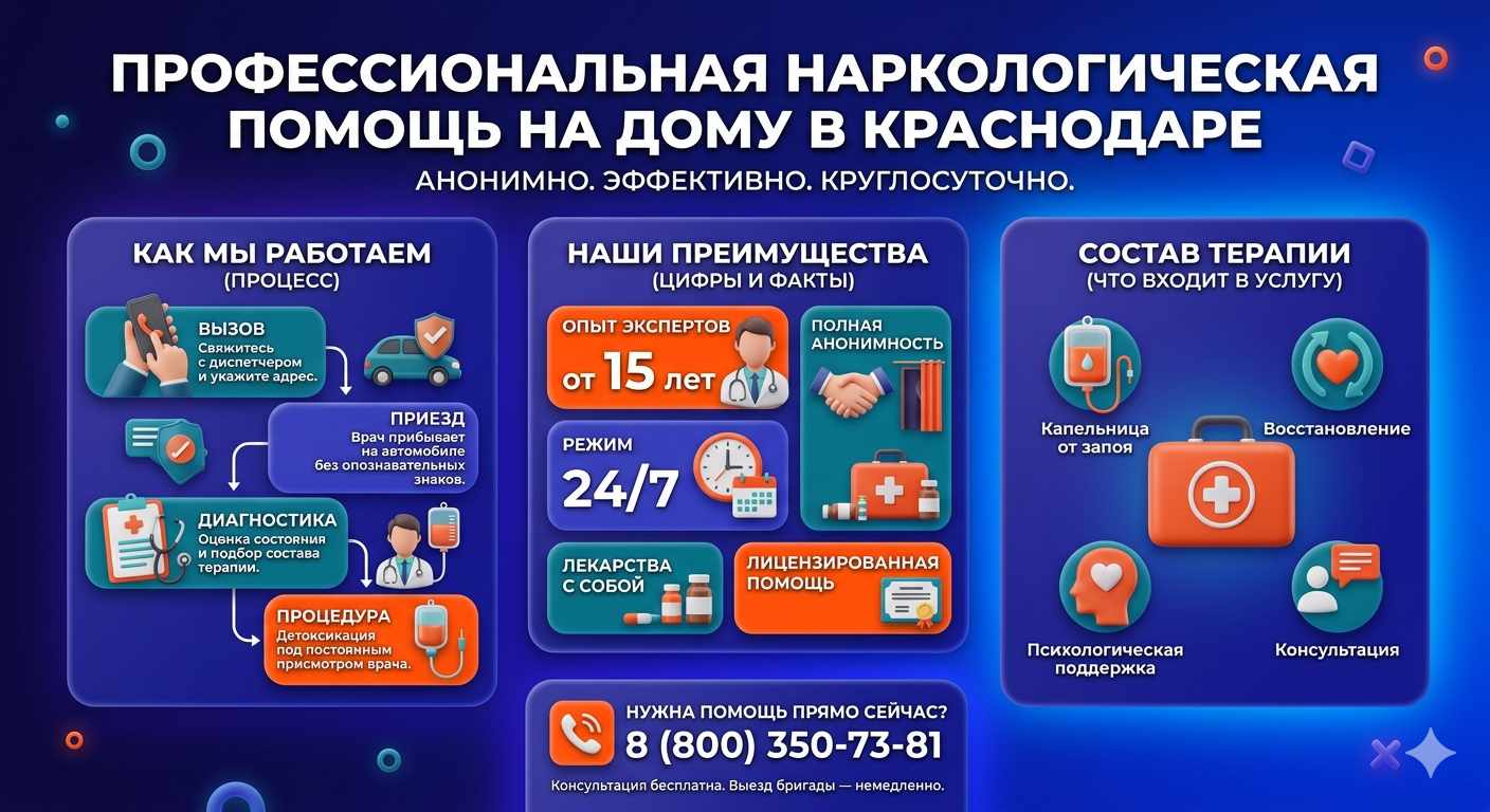 Инфографика о принципах лечения алкоголизма на дому в Чернушк: этапы вызова нарколога, преимущества анонимной детоксикации и состав медицинской помощи.